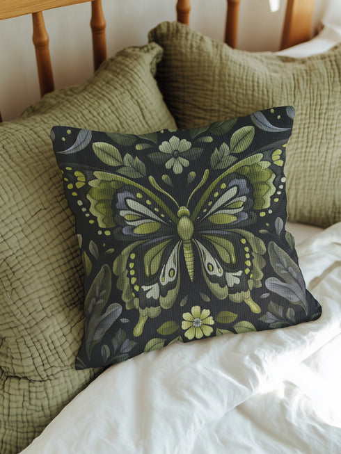 A square decorative pillow featuring an intricately detailed butterfly design in olive green, sage, and cream colors against a black background. The butterfly is surrounded by botanical elements with symmetrical floral patterns.
